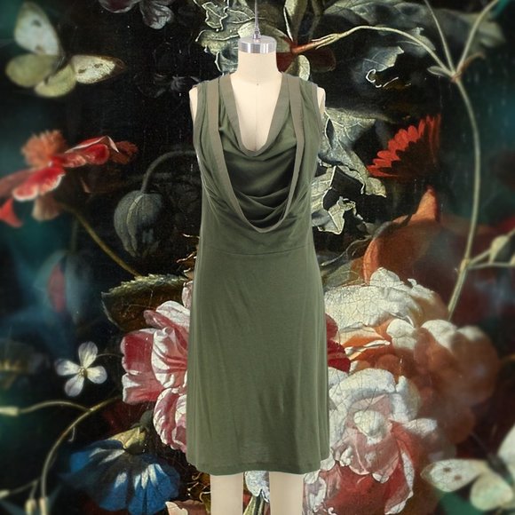 Gary Graham Green Knit Dress SZ 6 Wool Cotton Sleeveless Cowl Neck Layered Shift - Picture 2 of 12